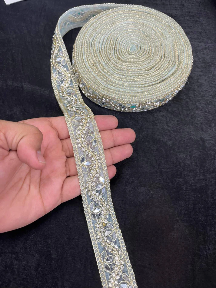 Designer Mirror Work Lace Trim with Rhinestones - Sea Green